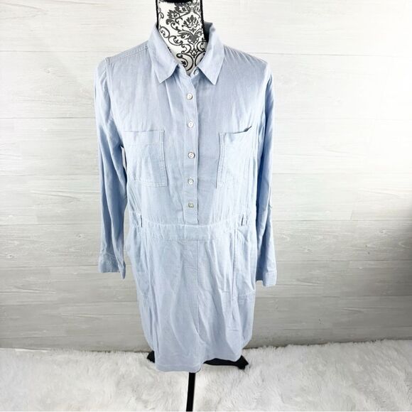 J. Jill Rain Drop Linen Blend Roll Sleeve Button Down Shift Dress - Picture 2 of 10